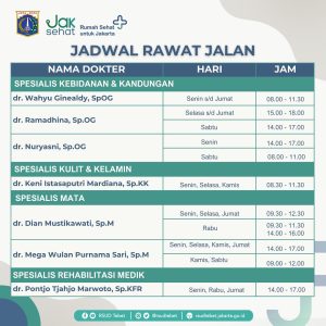 Hallo sobat sehat!Yuk cek jadwal layanan rawat jalan RSUD Tebet.Untuk pendaftaran bisa secara on